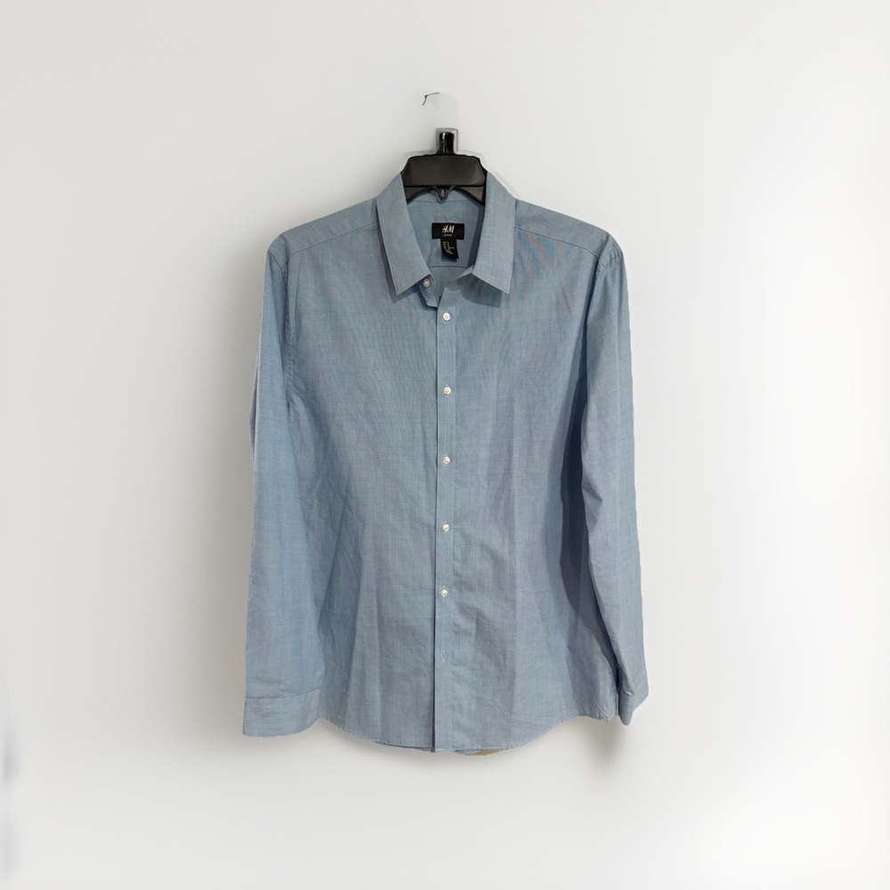 H&M slim fit mens dress shirt cotton easy iron BLUE sz XL light weight EUC P15